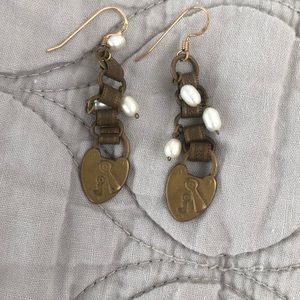 Anthropologie brass pearl dangly earrings